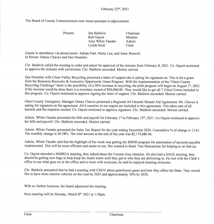 Otero County Commissioners Meeting Minutes March 2021 SECO News seconews.org