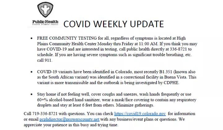 Prowers County Public Health Covid Update March 10 2021 SECO News seconews.org